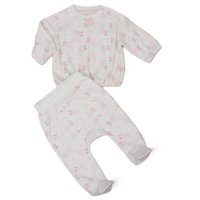 J13807: Baby Girls Stork Ribbed AOP Top & Footed Pant Outfit (0-6 Months)